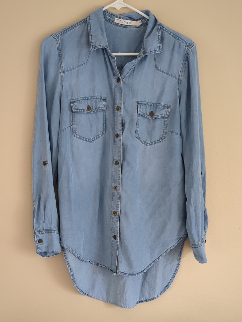 Small Love 8^3 Lyocel Blue Tunic Length Top Roll Tab Sleeves
